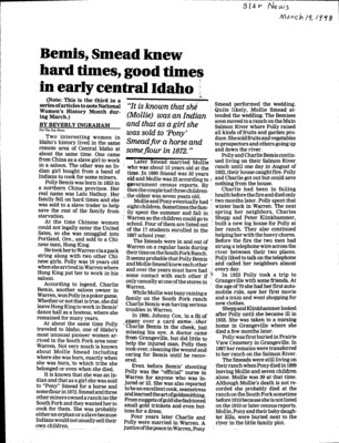 3 pages of family history documents containing and related to Polly Bemis; Lalu Nathoy; Molly Smead - including: Chinese American Pioneer; Star News articles