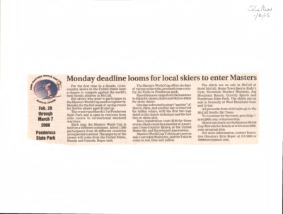 36 pages of subject files containing and related to Winter Sports: Masters World Cup Nordic Ski Racing 2008, McCall