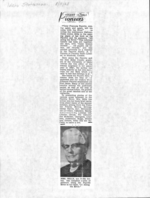 1 page of family history documents containing and related to Nellie Ireton Mills - including: Idaho Statesman