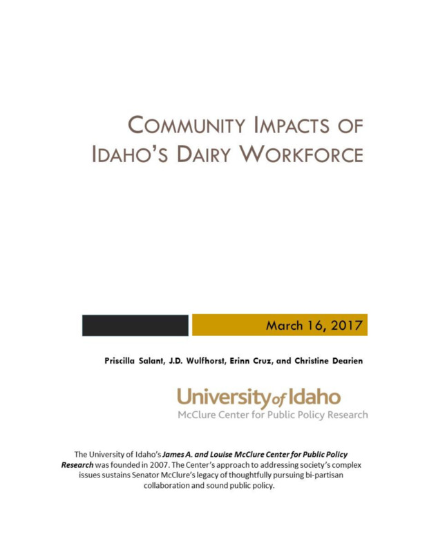 This study updates our 2009 analysis of how the dairy industry’s workforce impacts communities in Idaho’s south central region, commonly referred to as the Magic Valley. The region is home to about 70 percent of Idaho’s dairy cows and 10 percent of its residents. In the original study and in the update, we examine community impacts from a demographic, economic, and social perspective. Both studies were funded by grants from the Idaho Dairymen’s Association.

For the 2017 study, we conducted 48 semi-structured interviews with experts and keyinformants selected based on their knowledge of the region, its communities, and the dairy industry. In addition to our interviews, we also analyzed secondary data from federal, state, and local sources. These data provide important context to help understand themes, trends, and patterns that emerge from qualitative interviews, and vice versa. Two key national trends form the context for this report. The first is a continuation of decadeslong structural change in the dairy industry, towards fewer and larger farms. The second is slowing growth in the Hispanic population, largely the result of lower birth rates (in both Mexico and the U.S.) and a dramatic decline in the number of Mexican immigrants entering the U.S.