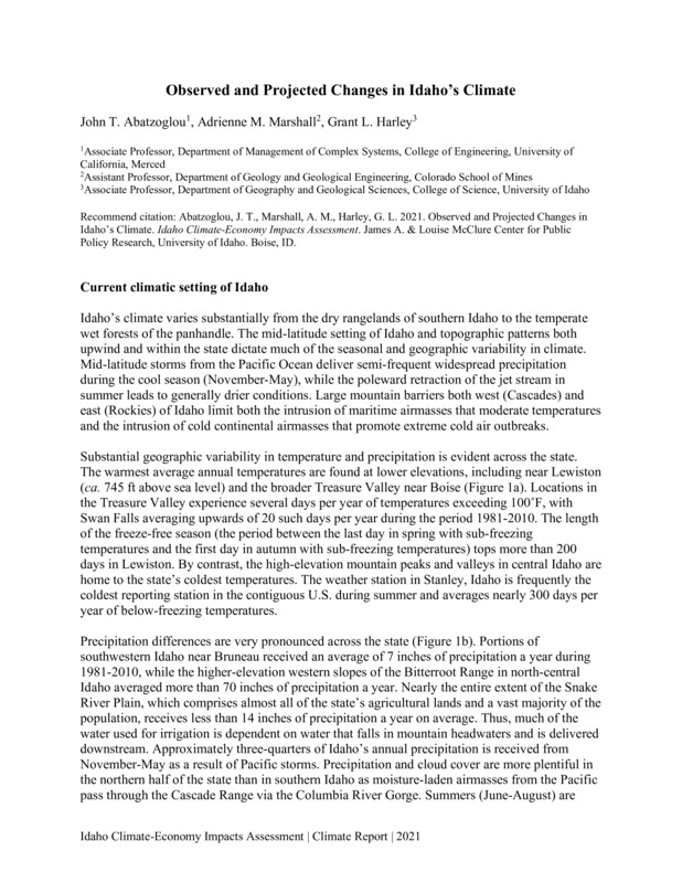 Observed and Projected Changes in Idaho’s Climate