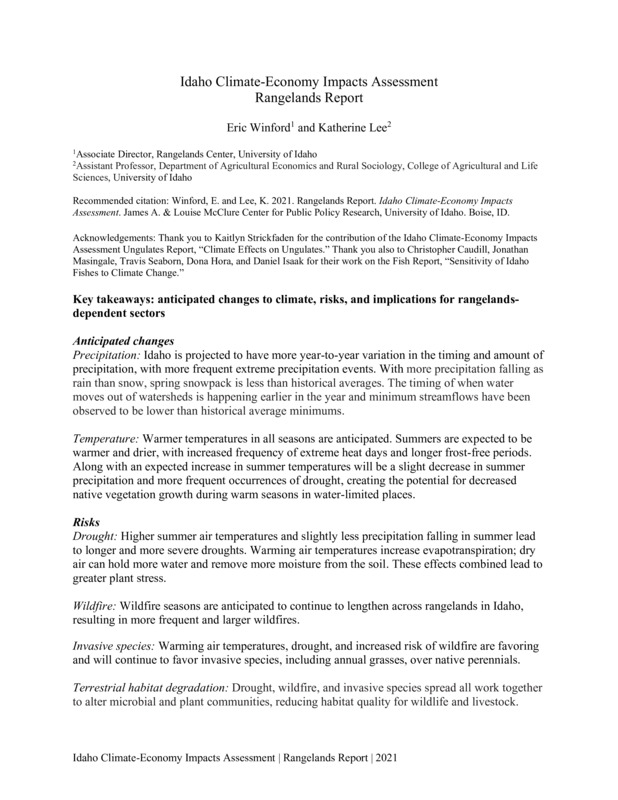 Key takeaways due to anticipated changes to climate, risks, and implications for rangelands- dependent sectors.