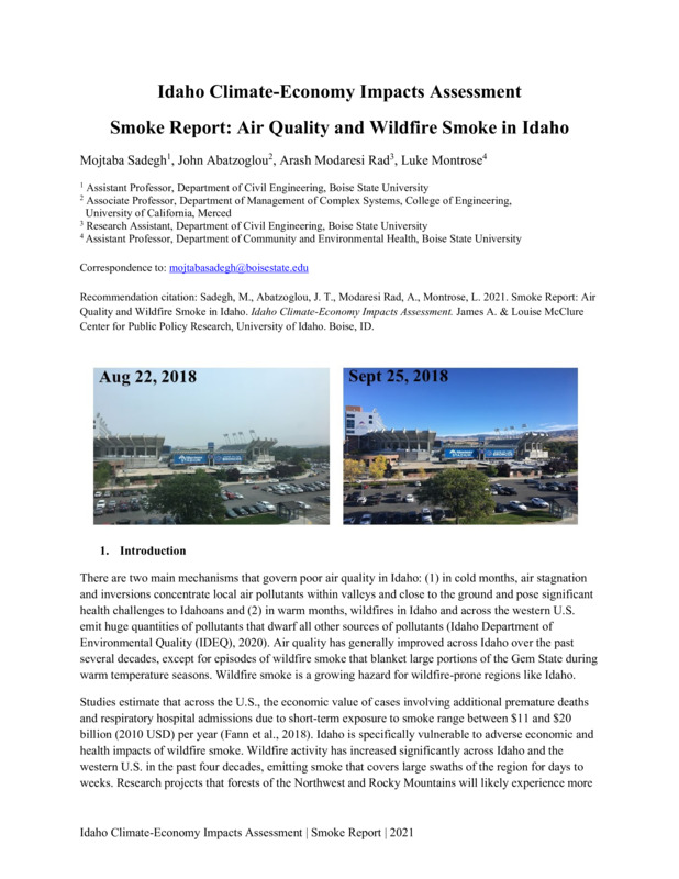 There are two main mechanisms that govern poor air quality in Idaho: (1) in cold months, air stagnation and inversions concentrate local air pollutants within valleys and close to the ground and pose significant health challenges to Idahoans and (2) in warm months, wildfires in Idaho and across the western U.S. emit huge quantities of pollutants that dwarf all other sources of pollutants (Idaho Department of Environmental Quality (IDEQ), 2020). Air quality has generally improved across Idaho over the past several decades, except for episodes of wildfire smoke that blanket large portions of the Gem State during warm temperature seasons. Wildfire smoke is a growing hazard for wildfire-prone regions like Idaho.