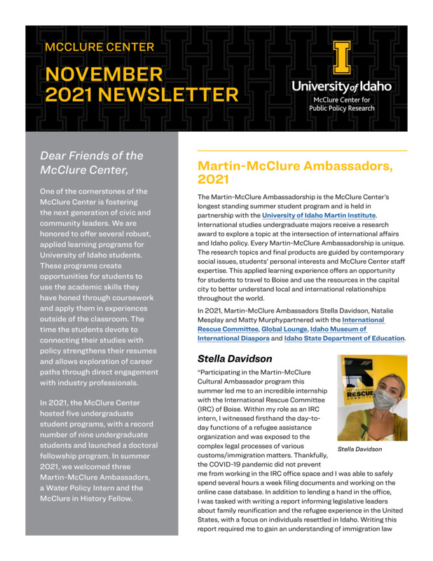 Newsletter that was originally posted on the McClure Center website.