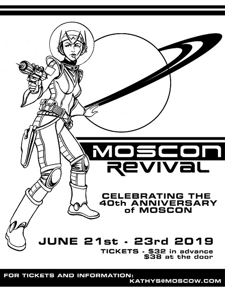 Moscon Revival poster, 2019, depicting a scifi space woman with laser gun