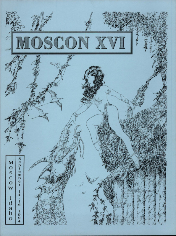 A program book for the 16th Moscon in 1994. Author Guest of Honor: Roger Zelazny; Artist Guest of Honor: Gary Davis; Fan Guests of Honor: Tam and Shelly Gordy; Scientist Guest of Honor: Dr. Gregory Benford. Art Credits: Gary Davis- inside front cover, 5, 6, 32, 34, 37, 43, back cover; George Barr- 14, 24, 26, 39, 41.