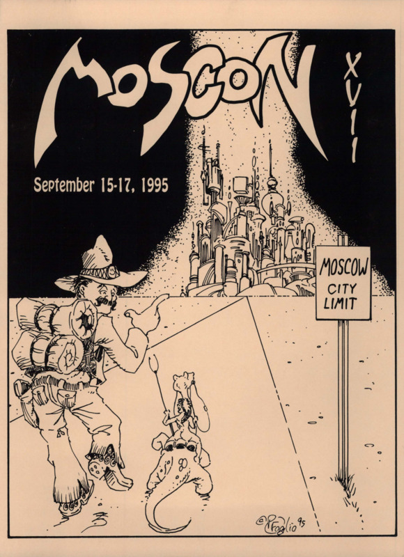 A program book for the 17th Moscon in 1995. Author Guest of Honor: Mel Gilden; Artist Guest of Honor: Phil Folgio; Scientist Guest of Honor: Dr. James C. Glass. . Art Credits: Alicia Austin- 2, 4, 25, 29, 43; Gary Davis- inside front cover; Phil Foglio- 5; Julia Lacquement- 27, 30, 34, 46; Monika Livingston- 2; Ross Mathis- 4, 14, 26, 33, 36, 40, 46, 47; Randy Mohr- inside back cover.