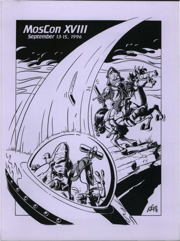 A program book for the 18th Moscon in 1996. Author Guest: David M. Weber; Scientist Guest: Dr. John Shovic; Fan Guests: Norma Barrett-Lincoln & Edgar Lincoln. Art Credits: George Barr- 21, back cover; Kev Brockschmidt- 11, 15; Lynne Taylor Fahnestalk- 9, 20, 23; Julia Lacquement- Inside front cover; Andrew LaRoy- 4, 18.