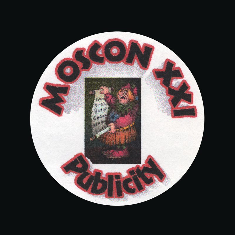A white, circular sticker with black text reading "MOSCON XXI Publicity" and an illustration of a jester reading from a scroll.