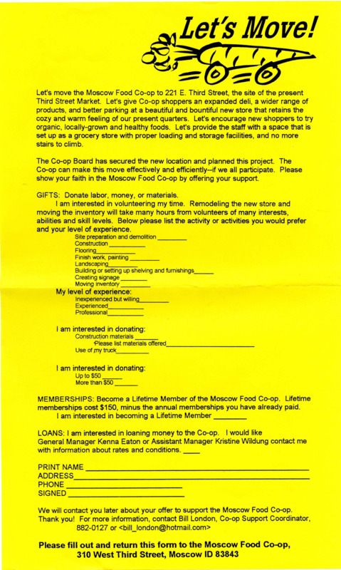 Donation form for the Moscow Food Co-op's move to 221 E. Third Street. Interested volunteers have the option to donate "labor, money, or materials."