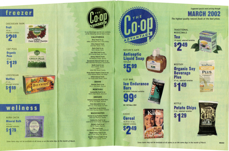 Newsletter from the Co-op Advantage listing special pricing for various natural co-ops, including the Moscow Food Co-op.