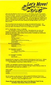 Donation form for the Moscow Food Co-op's move to 221 E. Third Street. Interested volunteers have the option to donate "labor, money, or materials."