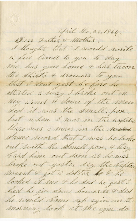 Letter from Raycide Mosher to his father, Henry "Harry" Mosher, and mother, Sarah "Sally" Mosher; describes Raycide's ill health, measles vaccination, and medicine he wanted his family to send to him.