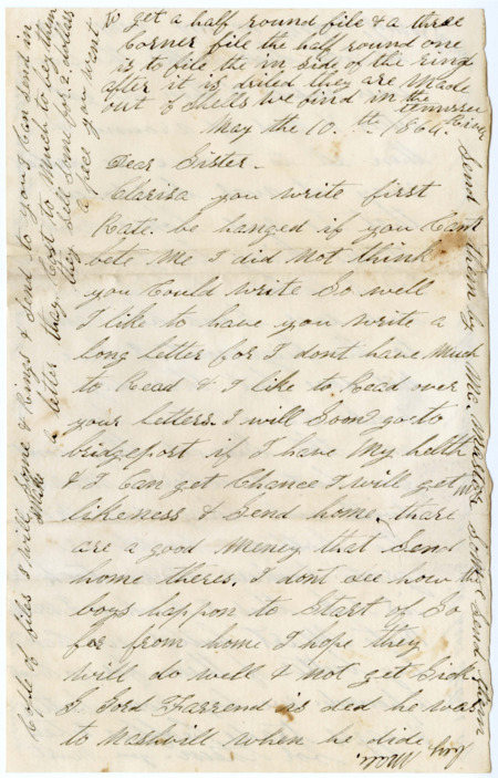 Letter from Raycide Mosher to his family; includes description of Raycide's ill health, the building activities of his army unit, and his pay.
