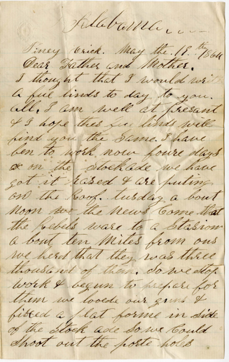 Letter Raycide Mosher to his father, Henry "Harry" Mosher, and mother, Sarah "Sally" Mosher; includes description of the building of a stockade, Raycide's pay, and the medicines he wanted his family to send to him.