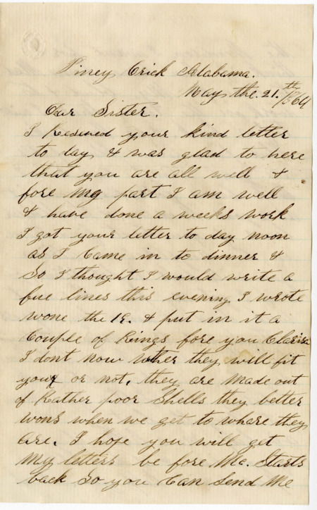 Letter from Raycide Mosher to his sister, Clarissa Mosher; includes description of the shell rings Raycide made for her, the medicines he wanted sent to him, and the activities of his unit.