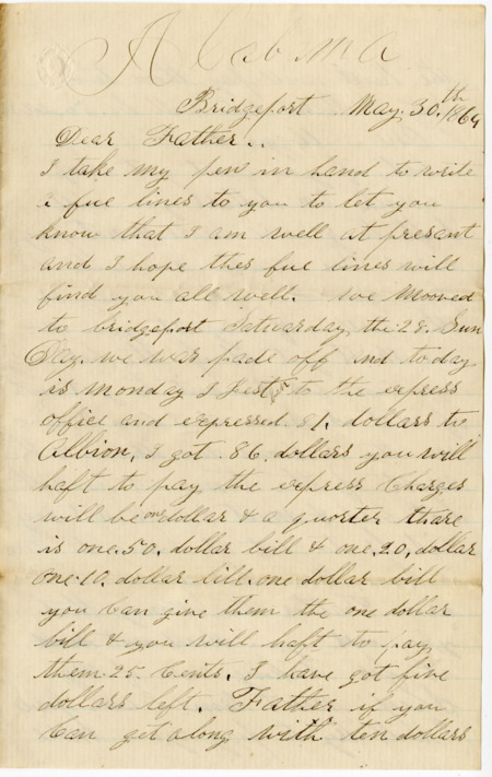 Letter from Raycide Mosher to his father, Henry "Harry" Mosher; includes description of money issues, food in camp, and how Raycide wanted his family to deal with his sheep.