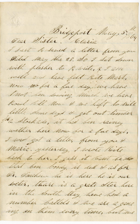 Letter from Raycide Mosher to his sister, Clarissa Mosher; includes description of the activities of Raycide's army unit and life in camp, such as a foot race.