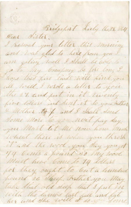 Letter from Raycide Mosher to his family; includes description of labor and harvests related to the Mosher family farm, money issues, and the food items that Raycide would like sent to him.