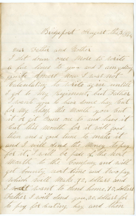 Letter from Raycide Mosher to his father, Henry "Harry" Mosher, and mother, Sarah "Sally" Mosher; includes description of what Raycide would like done with his sheep, the prospect of moving the Mosher family to better land, and advice from Raycide to his family members.