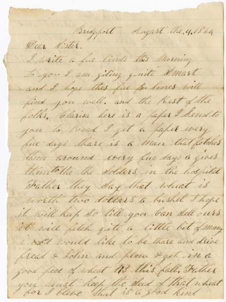 Letter from Raycide Mosher to his sister, Clarissa Mosher; includes Raycide's advice about selling wheat from the family farm and the food items he would like his family to send him.
