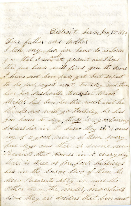 Letter from Raycide Mosher to his father, Henry "Harry" Mosher, and mother, Sarah "Sally" Mosher; includes description of the Detroit-area barracks where Raycide was staying, his equipment, his pay, and when he expected to be mustered.