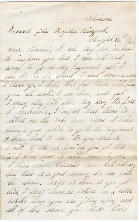 Letter from Raycide Mosher to his father, Henry "Harry" Mosher, and mother, Sarah "Sally" Mosher; includes description of Raycide's ill health and his reflections on political matters.