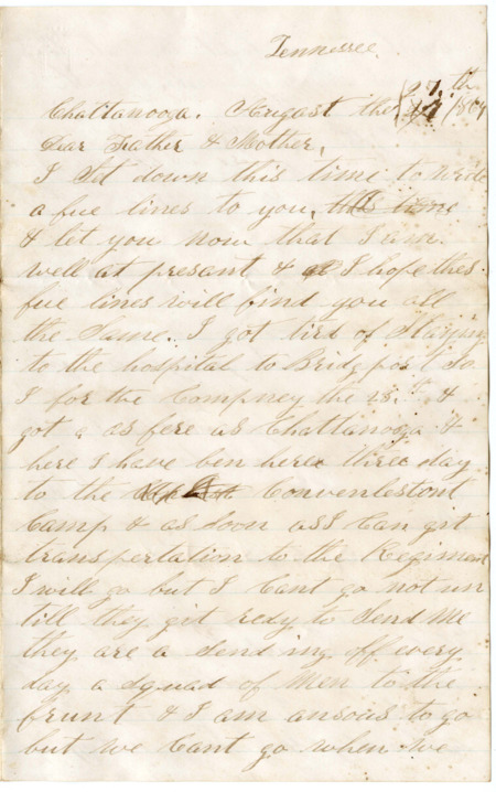 Letter from Raycide Mosher to his father, Henry "Harry" Mosher, and mother, Sarah "Sally" Mosher; includes description of Raycide's camp in Chattanooga, his pay, and his hope that the war might end soon.