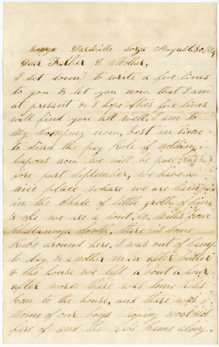 Letter from Raycide Mosher to his father, Henry "Harry" Mosher, and mother, Sarah "Sally" Mosher; includes description of his unit's encounter with Confederate soldiers and his unit's other activities.