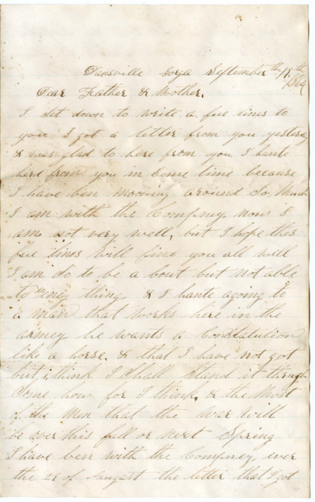 Letter from Raycide Mosher to his father, Henry "Harry" Mosher, and mother, Sarah "Sally" Mosher; includes discussion of the family's wheat and plans for Raycide's unit to march toward Atlanta.