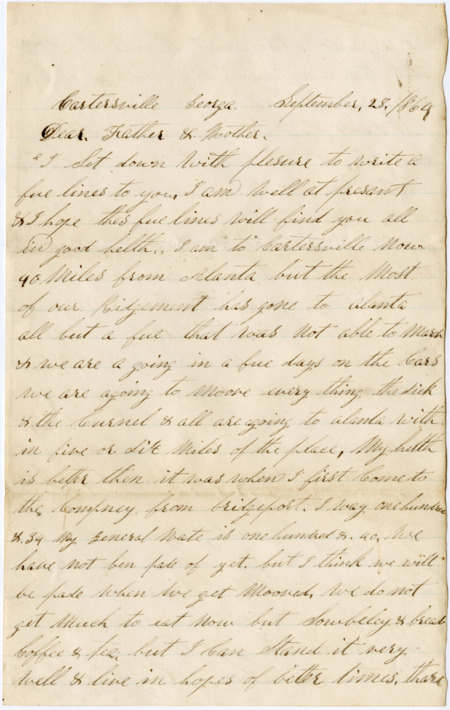 Letter from Raycide Mosher to his father, Henry "Harry" Mosher, and mother, Sarah "Sally" Mosher; includes discussion of Raycide's movement toward Atlanta, food available, how to deal with the family's wheat, and food and other items that Raycide would like sent to him.