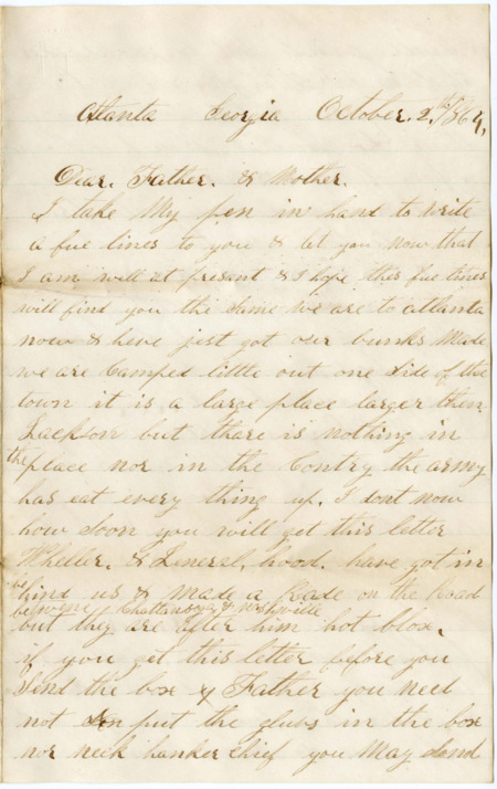 Letter from Raycide Mosher to his father, Henry "Harry" Mosher, and mother, Sarah "Sally" Mosher; includes discussion of Raycide's march toward Atlanta, as well as food and other items that Raycide would like sent to him.