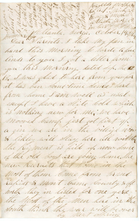 Letter from Raycide Mosher to his father, Henry "Harry" Mosher, and mother, Sarah "Sally" Mosher; includes description of General Sherman's march on Atlanta, Raycide's experiences in camp, and two of the men Raycide met in camp.