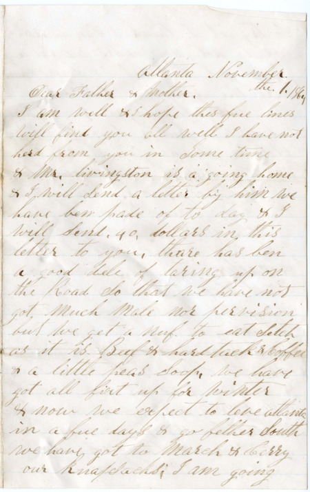 Letter from Raycide Mosher to his father, Henry "Harry" Mosher, and mother, Sarah "Sally" Mosher; includes discussion of Raycide's unit's move toward the Atlantic coast, soldiers he met who were from Michigan, and medicine that Raycide would like sent to him.
