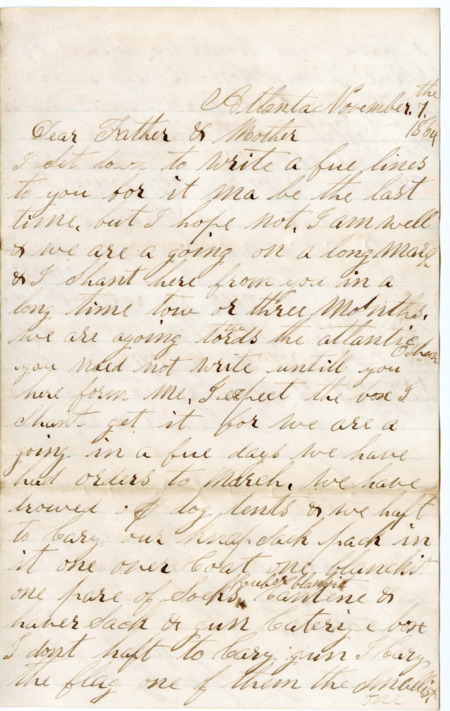 Letter from Raycide Mosher to his father, Henry "Harry" Mosher, and mother, Sarah "Sally" Mosher; includes description of Raycide's progress toward the Atlantic coast and the items he carried with him.