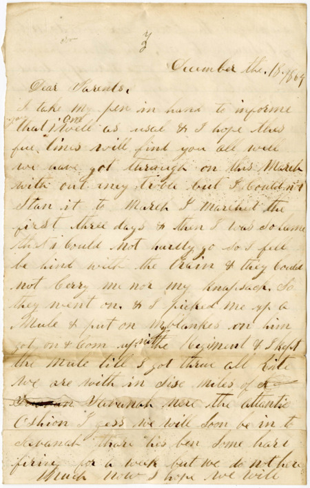 Letter from Raycide Mosher to his father, Henry "Harry" Mosher, and mother, Sarah "Sally" Mosher; includes description of Raycide's experience marching toward Savannah and items that he would like sent to him.