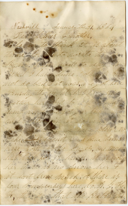 Letter from Raycide Mosher to his father, Henry "Harry" Mosher, and mother, Sarah "Sally" Mosher; includes description of Raycide's experiences in his camp near Nashville, his health, and the companies in his regiment.