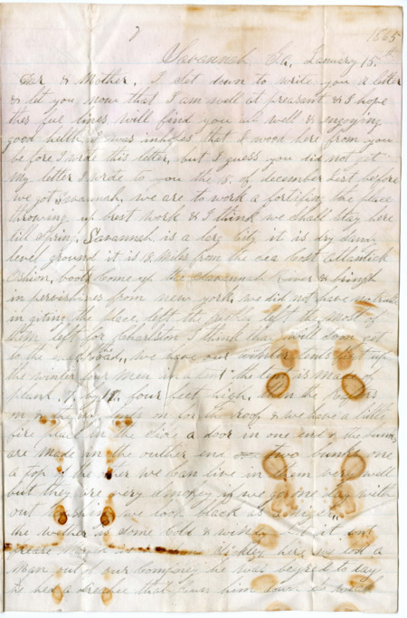 Letter from Raycide Mosher to his father, Henry "Harry" Mosher, and mother, Sarah "Sally" Mosher; includes description of Raycide's experience marching toward Savannah and what he would like done with his sheep.
