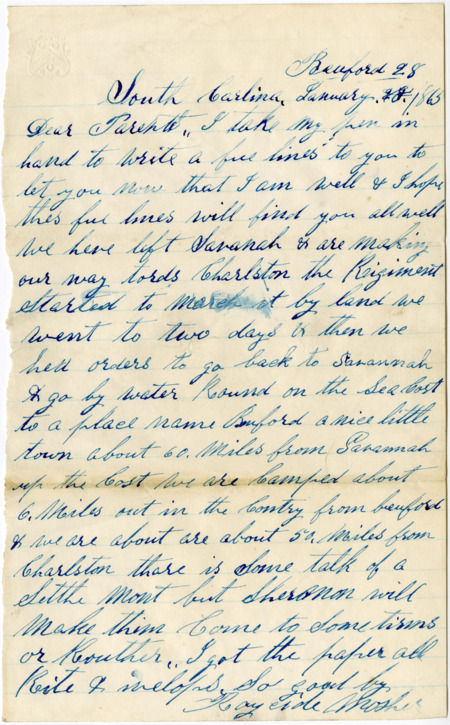 Letter from Raycide Mosher to his father, Henry "Harry" Mosher, and mother, Sarah "Sally" Mosher; includes discussion of Raycide's movement from Savannah toward Charleston.