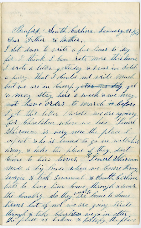 Letter from Raycide Mosher to his father, Henry "Harry" Mosher, and mother, Sarah "Sally" Mosher; includes discussion of General Sherman's military actions and some land that Raycide would like to purchase.