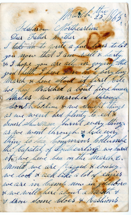 Letter from Raycide Mosher to his father, Henry "Harry" Mosher, and mother, Sarah "Sally" Mosher; includes discussion of General Sherman's military actions and Raycide's reflections on the landscape of the Carolinas.