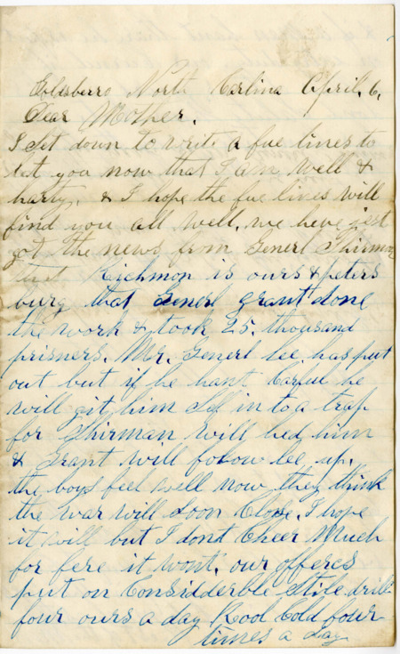 Letter from Raycide Mosher to his mother, Sarah "Sally" Mosher; includes discussion of the war's progress and life around camp.