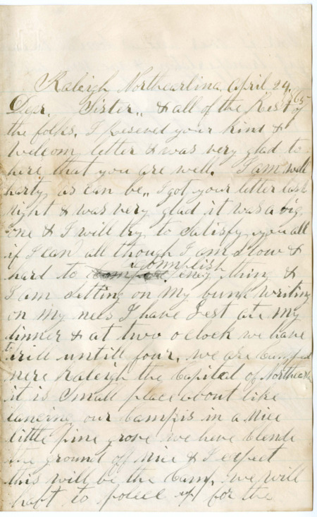 Letter from Raycide Mosher to his family; includes discussion of the war's progress and Raycide's desire to return home.