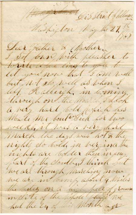 Letter from Raycide Mosher to his father, Henry "Harry" Mosher, and mother, Sarah "Sally" Mosher; includes description of Raycide's movement from Raleigh toward Washington, D.C., and a speech by Michigan Governor Henry H. Crapo.