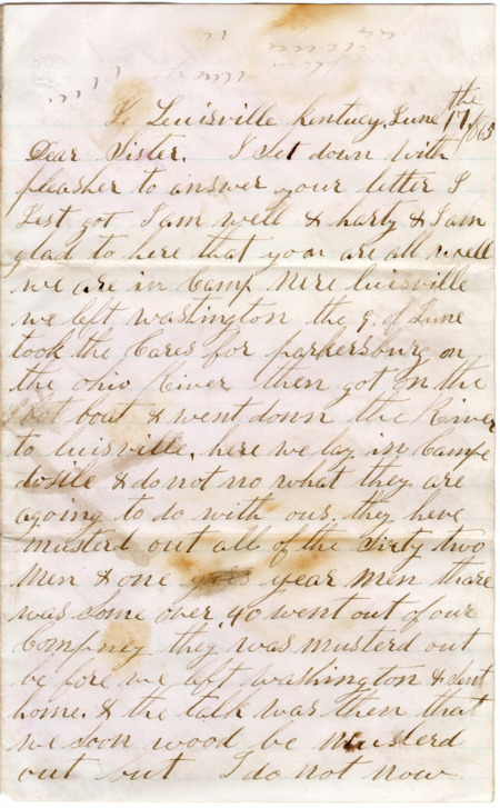 Letter from Raycide Mosher to his sister, Clarissa Mosher; includes description of Raycide's movement from Washington, D.C., to Louisville, and what he would like done with his sheep.