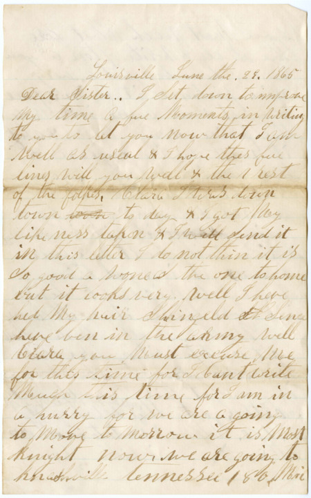 Letter from Raycide Mosher to his sister, Clarissa Mosher; includes discussion of Raycide having his likeness taken and his wish for it to be framed.