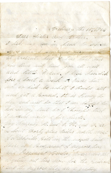 Letter from Raycide Mosher to his family; includes description of the acvities of Raycide's regiment, the landscape of Tennessee, and the food available in his camp near Nashville.