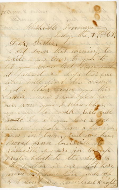 Letter from Raycide Mosher to his sister, Clarissa Mosher; includes discussion of Raycide's movement from Louisville to Nashville, saving and spending money, and the food available in and around camp.