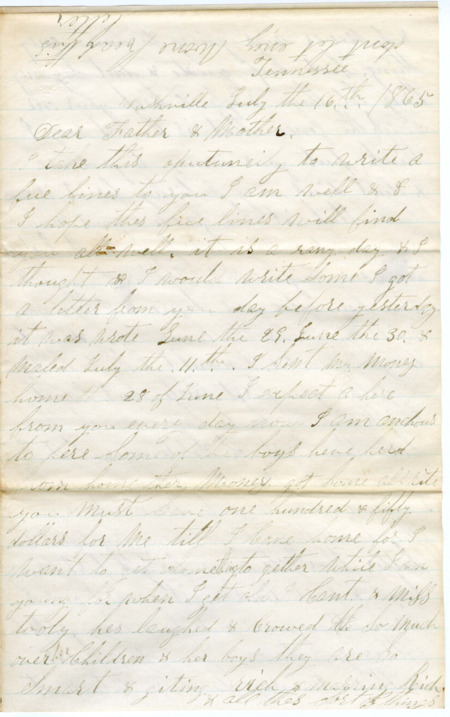 Letter from Raycide Mosher to his father, Henry "Harry" Mosher, and mother, Sarah "Sally" Mosher; includes discussion of Raycide's plans upon returning home, such as purchasing land and keeping animals.