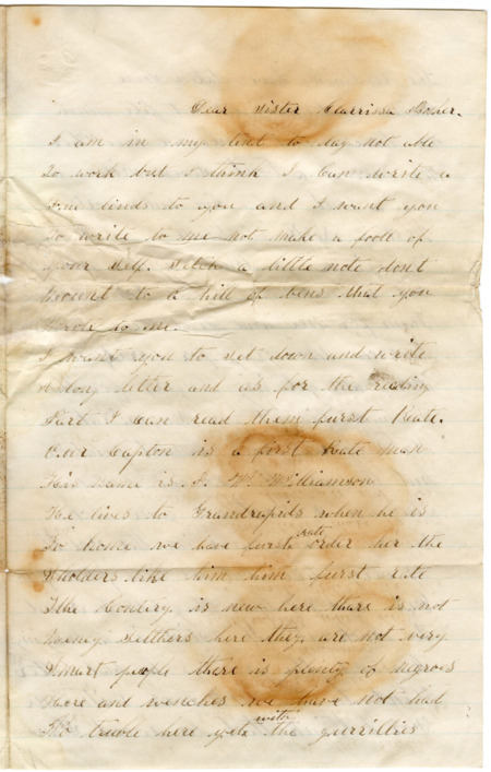 Letter from Raycide Mosher to his sister, Clarissa Mosher; includes description of Raycide's unit and the food available. Undated, but likely written in 1864.